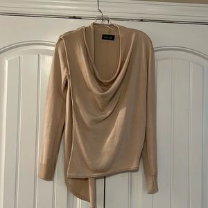 fab’rik tan wrap light weight sweater. Zip on shoulder drape color